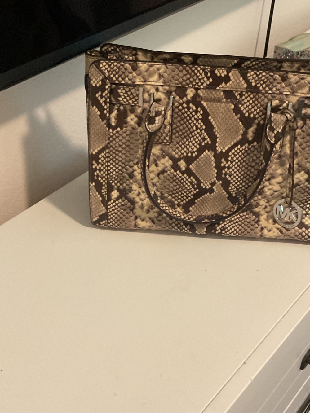 Michael Kors Brown and Beige Snake-Print Tote with Logo Charm